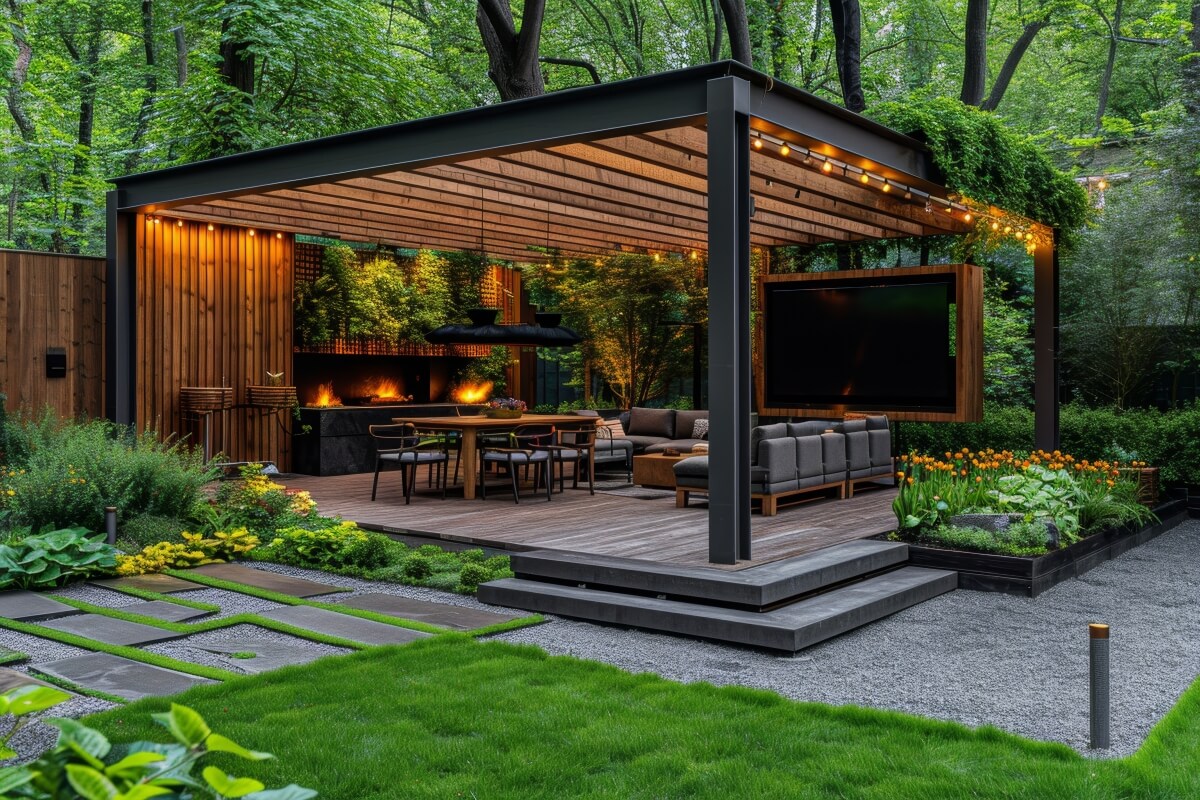 A cozy patio with seating and wooden garden blinds creating a serene outdoor space.