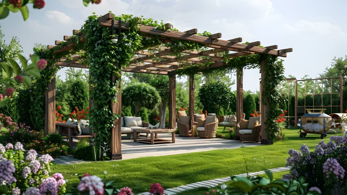 Drewniane altany ogrodowe otoczone zielenią i kwiatami.