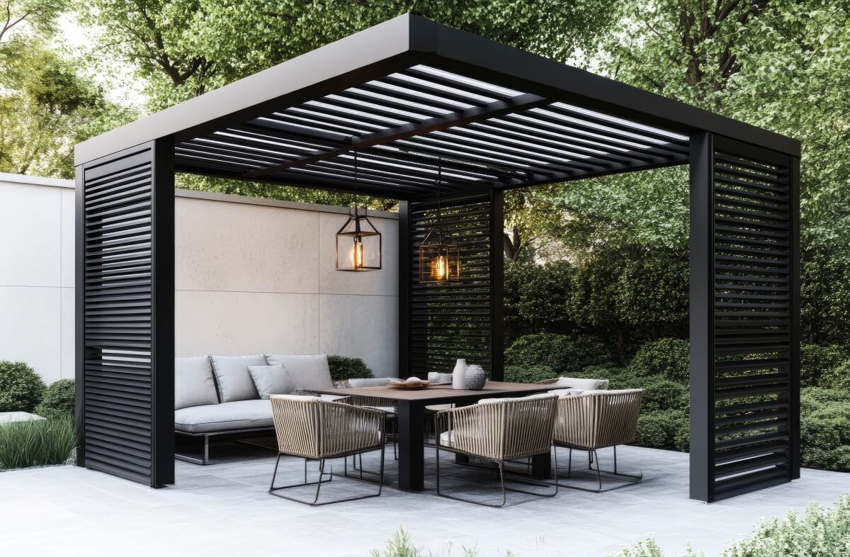 A modern seating area under a metal pergola surrounded by greenery, similar to traditional wooden garden gazebos.