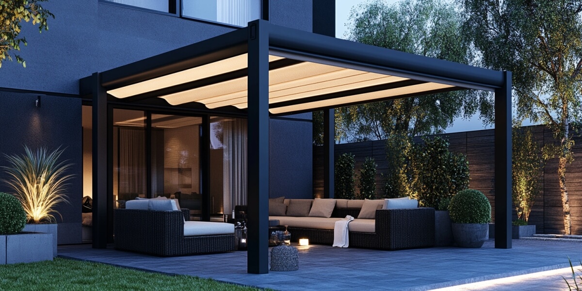 A modern patio with comfortable seating is shaded by a pergola made of wooden slats.