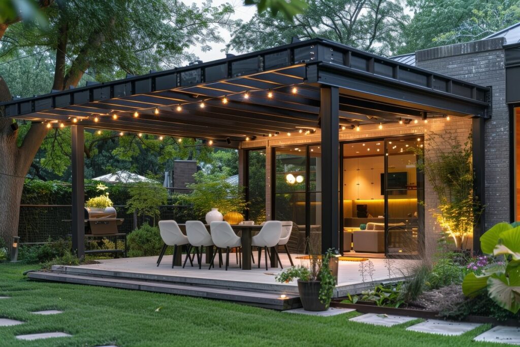 Nowoczesny taras z drewnianymi pergolami tarasowymi i eleganckim oświetleniem.