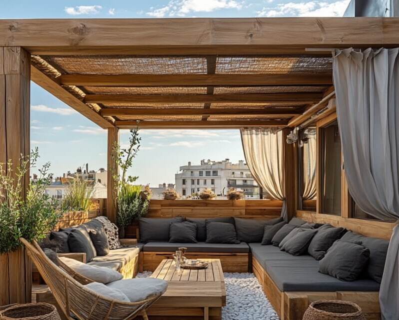 Przytulna przestrzeń na tarasie z drewnianymi pergolami balkonowymi, gdzie można odpocząć.