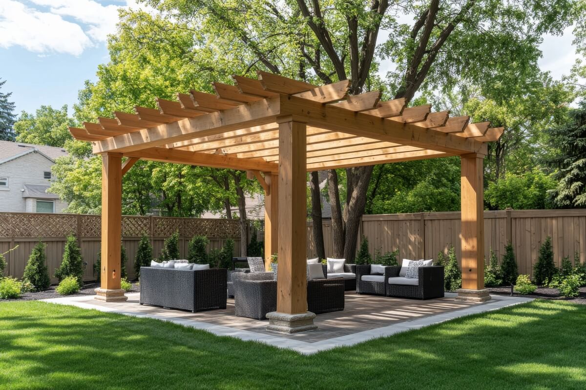 Eine schöne Pergola mit Verschalungen aus beweglichen Holzlamellen steht auf einer Terrasse im Garten.