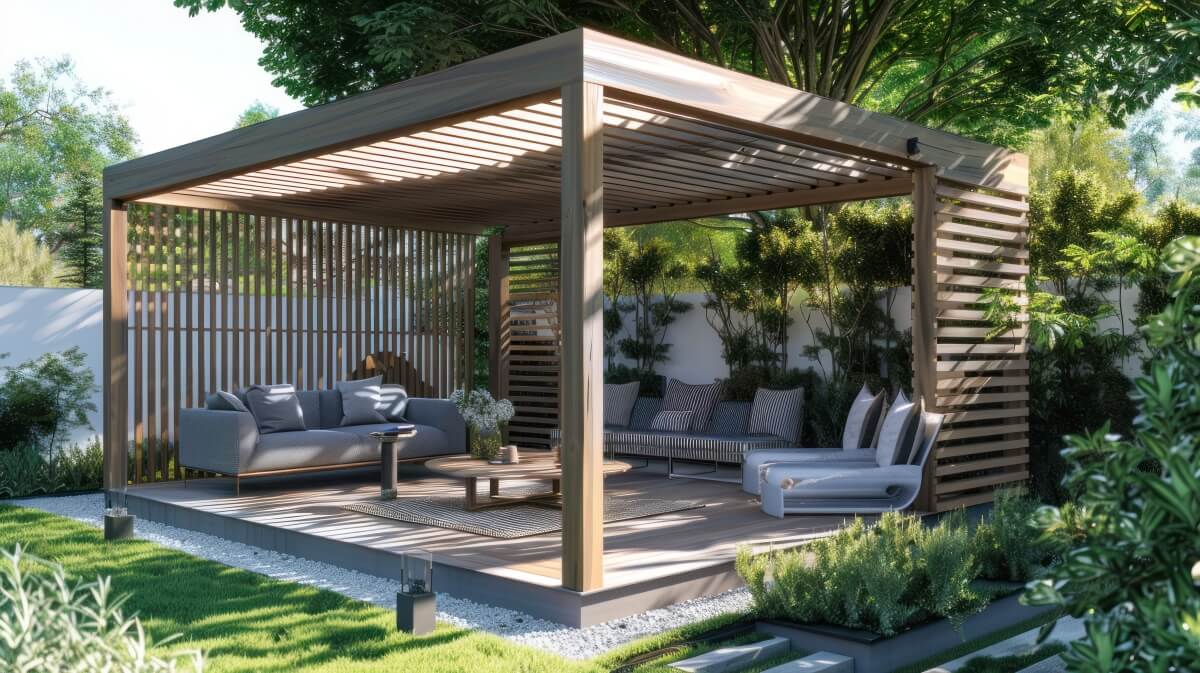 A modern gazebo with wooden slats providing shade in a garden setting.