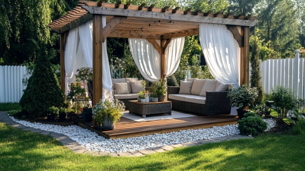 Drewniane pergole z białymi zasłonami tworzą przytulne miejsce do wypoczynku w ogrodzie.