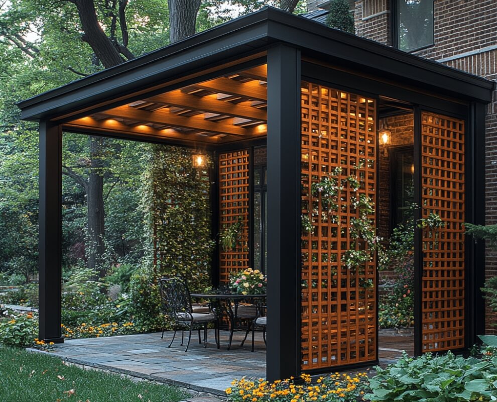 Elegancka altana z panelami drewnianymi na taras otoczona zielenią.