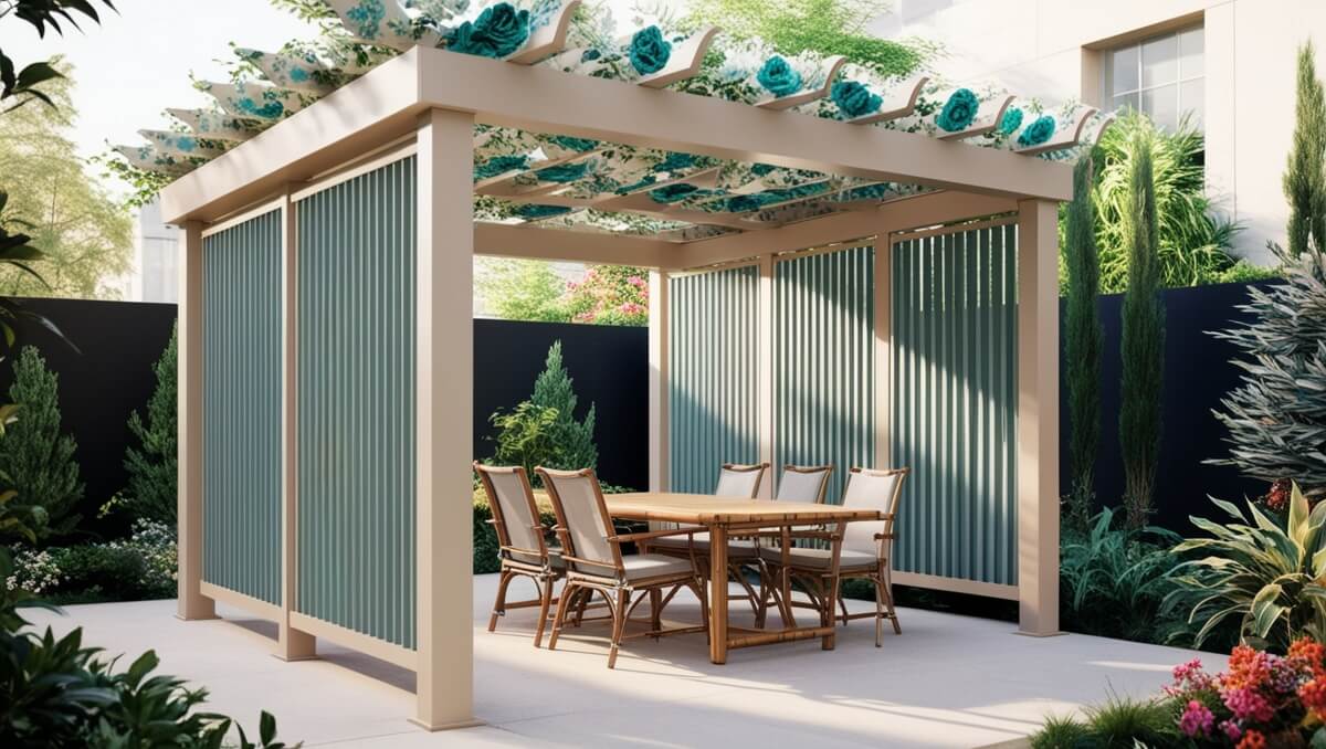 A modern pergola with a table set beneath it highlights the development of wooden boards in its design.