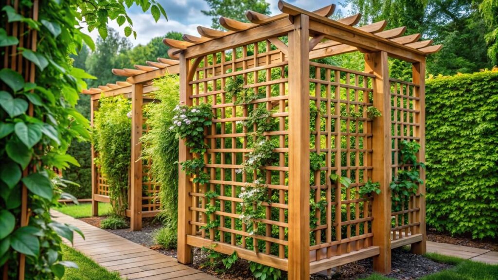 Drewniana pergola w ogrodzie z systemem ruchomych desek.