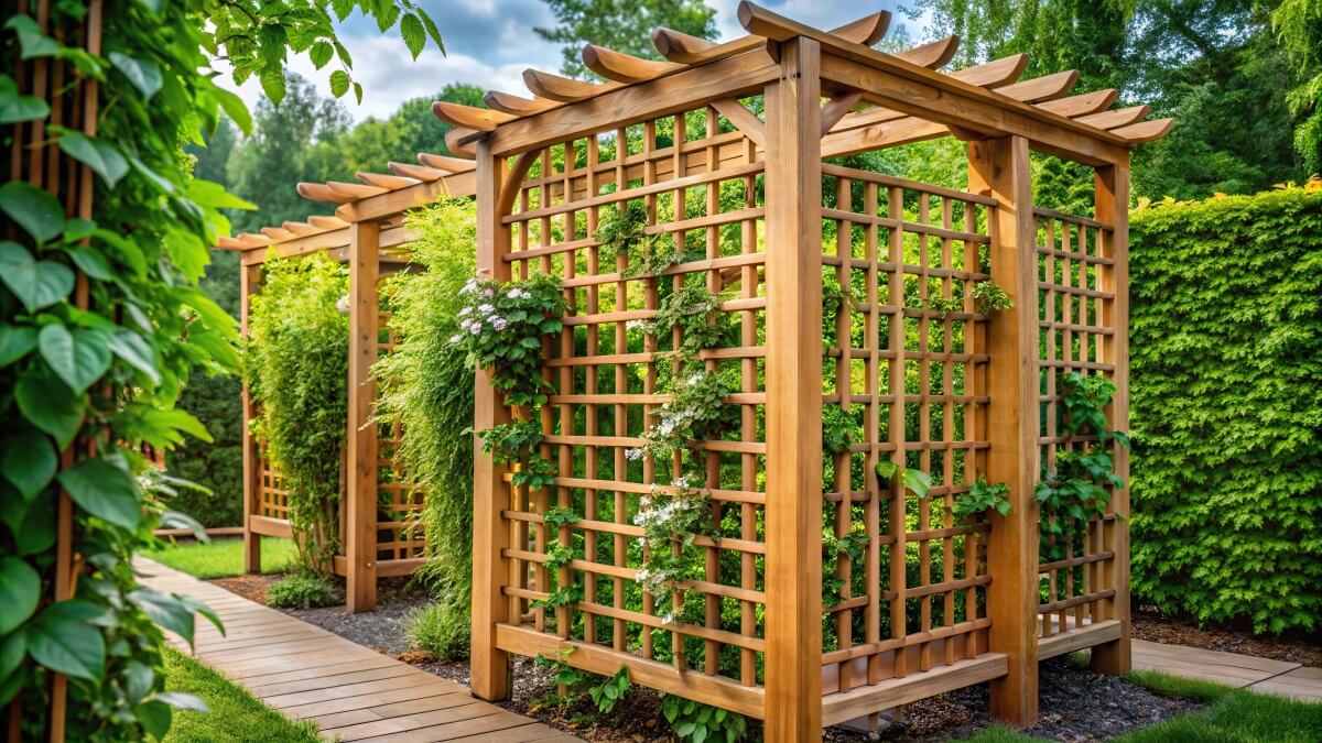 Drewniana pergola w ogrodzie z systemem ruchomych desek.