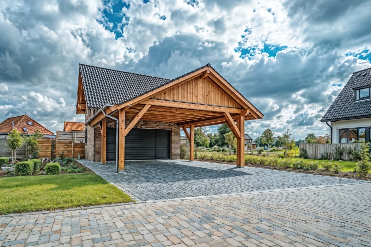 Na zdjęciu widać wiaty drewniane z dachem na tle pochmurnego nieba.