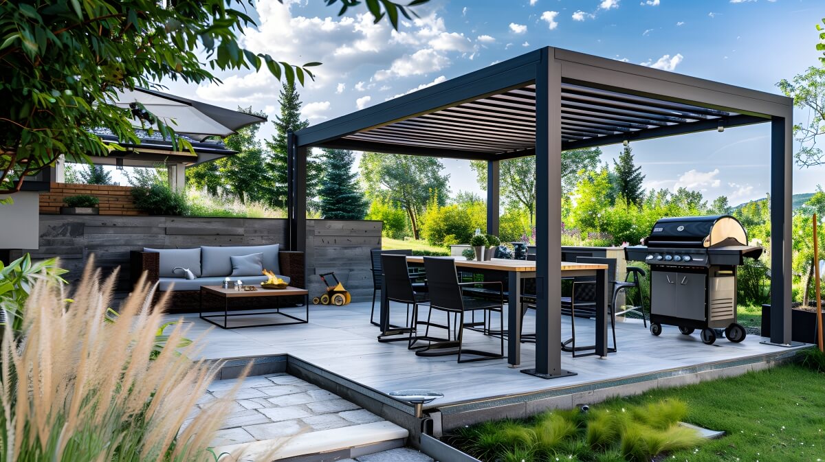 A modern outdoor patio showcases the development of wooden boards for stylish decking and furniture.