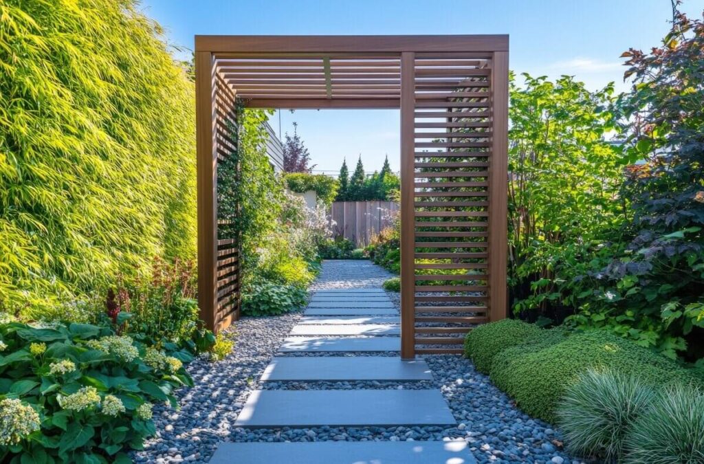 Ein Gartenweg mit beweglichen Holzlamellen für die Terrasse, umgeben von üppigen Pflanzen.