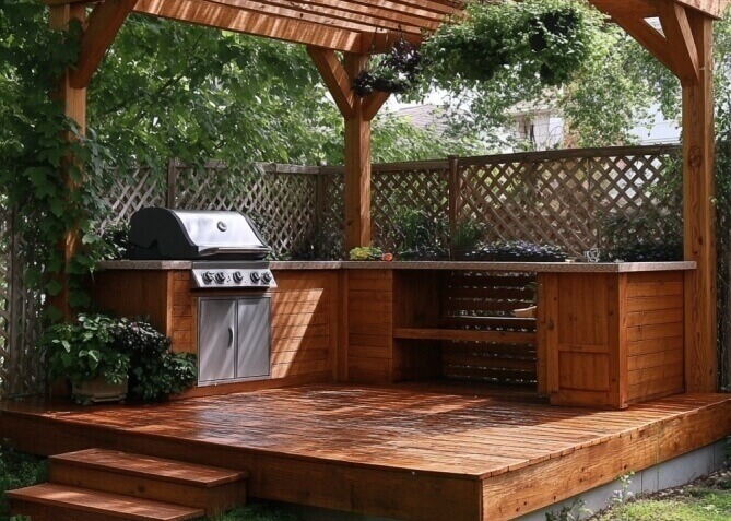 Ein gemütlicher Holzgartenpavillon mit eingebautem Grillplatz im Grünen.