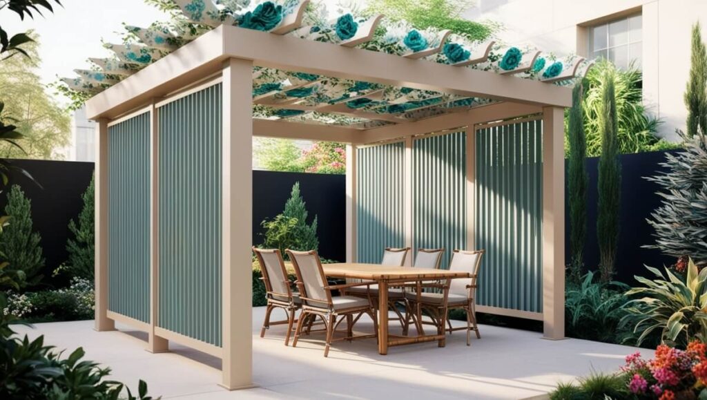 A cozy outdoor dining area is surrounded by movable patio blinds.