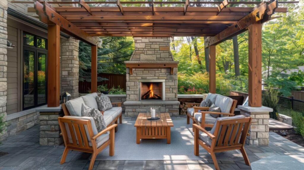 Eine gemütliche Terrasse mit einem Kamin zeigt die Entwicklung von beweglichen Holzlamellen als Teil der Pergola.