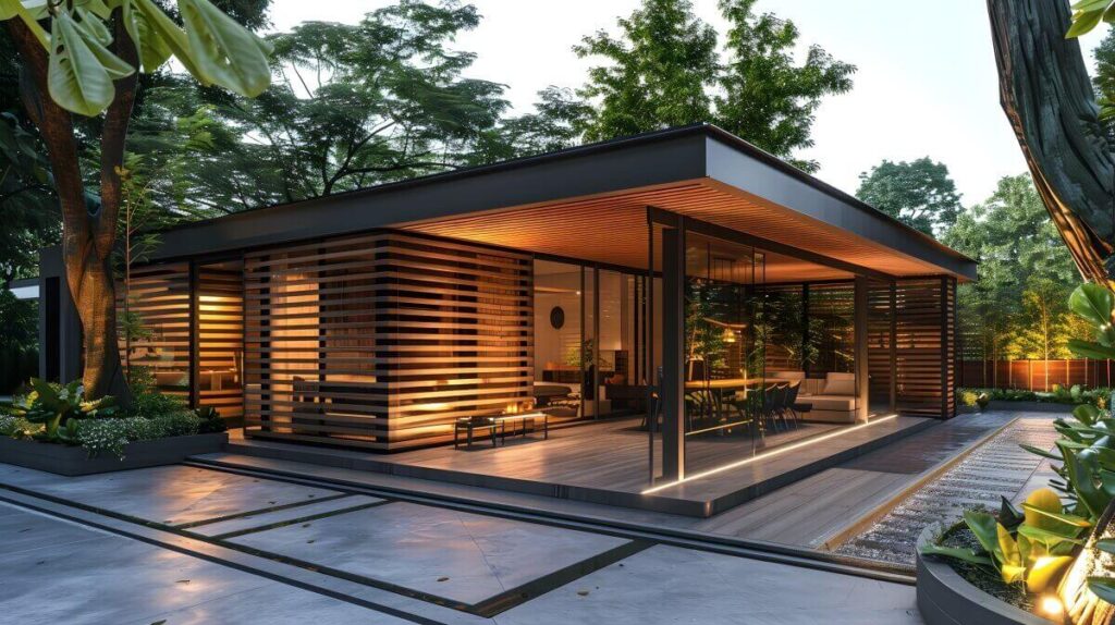 A modern glass house with enclosures from shutters stands illuminated in a lush garden.